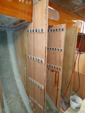 Looking from the double berth aft. Just aft of the bulkhead is the space we carved out for a sink and cabinet basin.