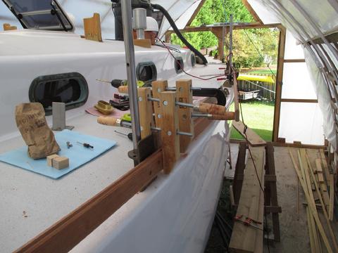 Installing the butt-block in order to join the two 18' long strakes and serve as a backing plate for a hawse pipe.