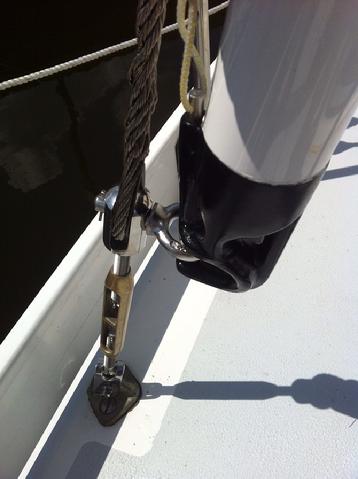 I installed the full shanked (unthreaded) eye bolts to serve as clevis pins for the forward lower turnbuckles and as an attachent point for the whisker pole.