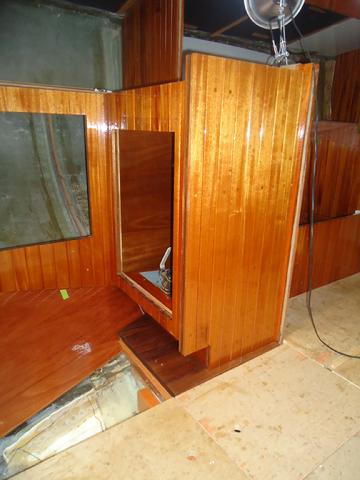 Galley sink base installed with six coats of varnish. Later I will install oiled walnut trim.