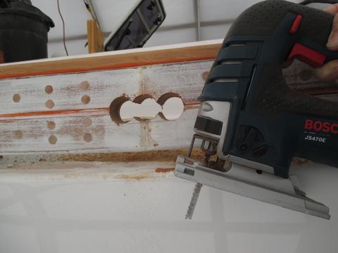 Step three, use a hole saw to dill the holes. Step four: Use a jig saw to cut off the peaks.