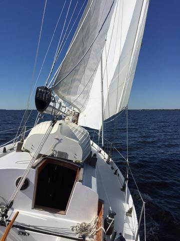 I flew the staysail for the first time. The fixed leads worked well. The shape of the sail is controled by shortening or lengthing the tack pendant.