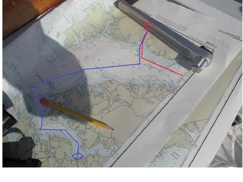 The day two route. We probably made 25 tacks to make it up the Bay River depicted by the blue line on the botttom left part of the photo.