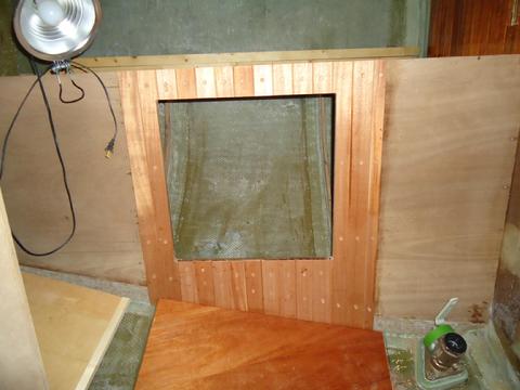 The galley cabinet base. The sink cabinet will be to the right and the stove to the left. There will be a sliding door over this opening.